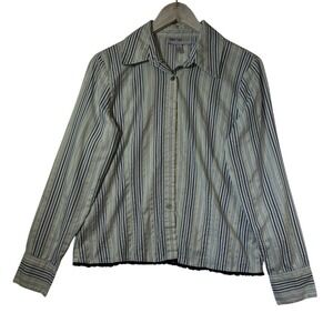 Y2k Lana Lee Striped Button Down Shirt Womens 8 Blue Green White Lace Trim